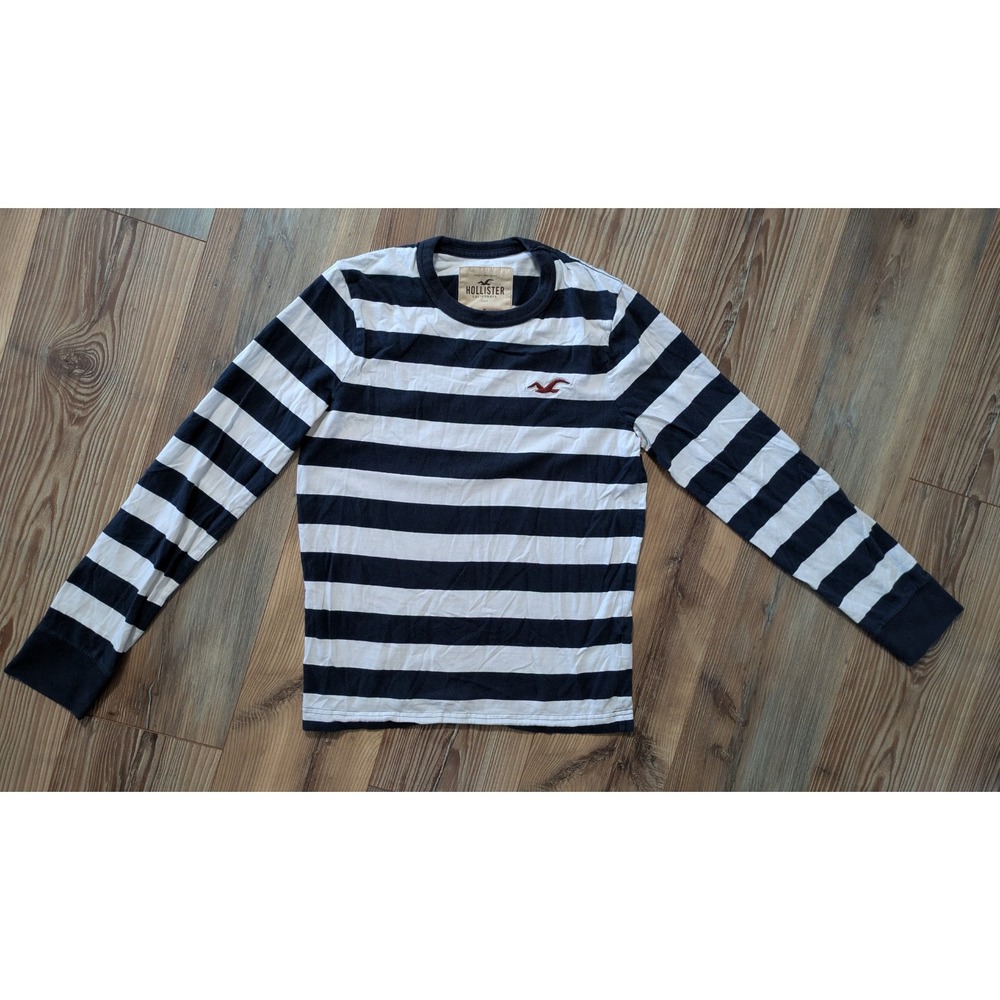 Hollister Navy Blue & White Striped Embroidered Logo Long Sleeve Top Small